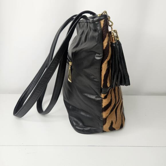 Vtg Genuine Leather Cowhide Animal Print Hair-on Tote Handbag Purse - Picture 3 of 10